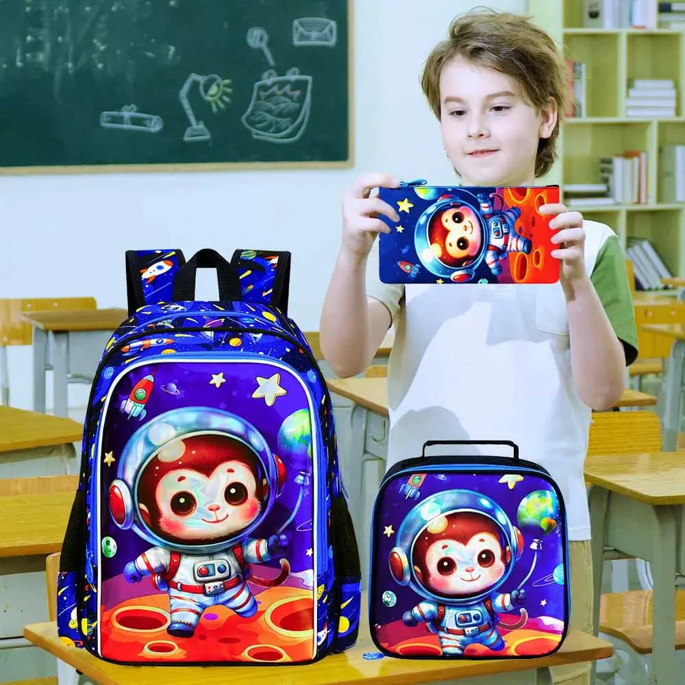 3Pcs 16" Kids Backpack Set, Cute Space Monkey School Bag with Lunch Bag & Pencil Pouch, Boys Lightweight Elementary Bookbag