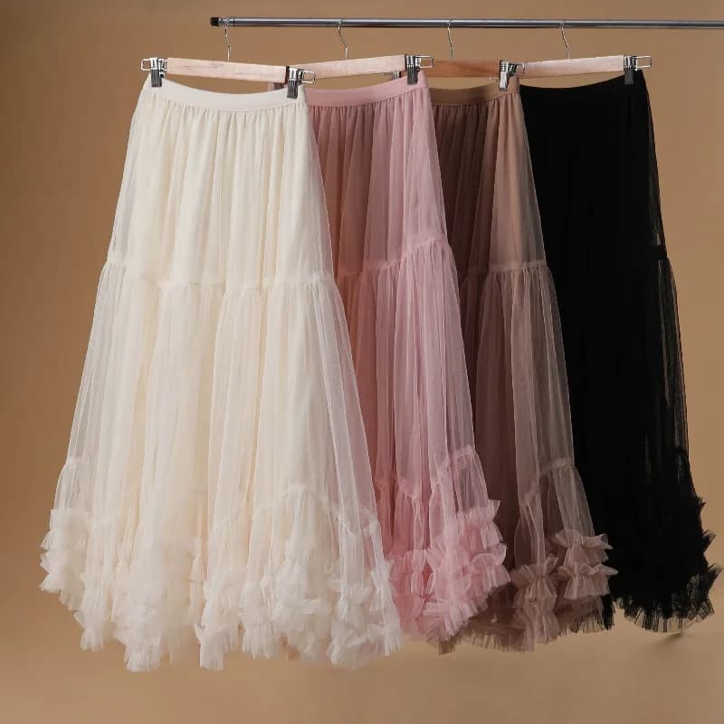 Gonna Midi Elegante a Vita Alta Drappeggiata in Rete con Ampia Balza, Effetto Snellente, Collezione 2026