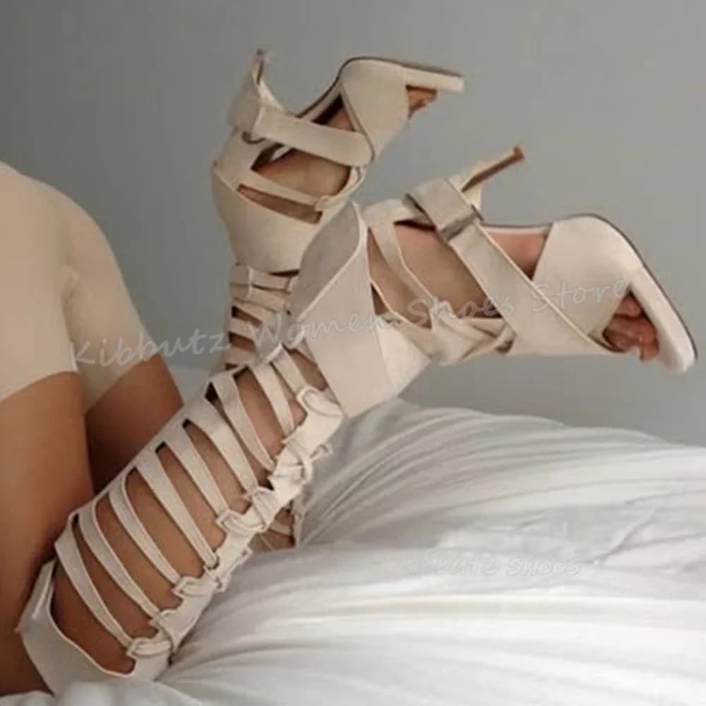 Suede Sandal Knee High Boots Cross Strap Solid Color Hollow Fashion Elegant Concise Sexy Women Shoes Newest Round Toe Thin Heels
