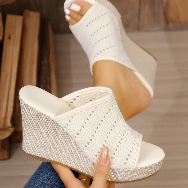 Womens Wedge Sandals Open Toe High Heel Platform Mules Knitted Look Slip on Backless Woven Texture Casual Summer Walking Shoes