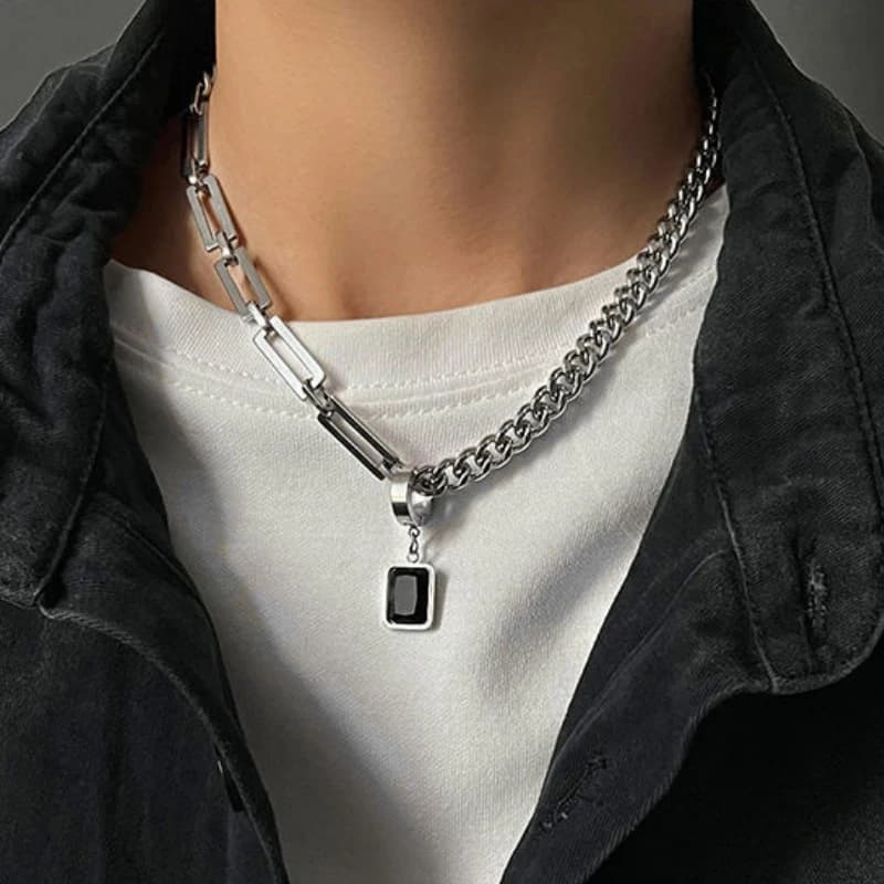 HNSP 316L Stainless Steel Two Tone Chain Necklace for Men Black Square Tag Pendant Curb Paperclip Chain Male Jewelry Gift
