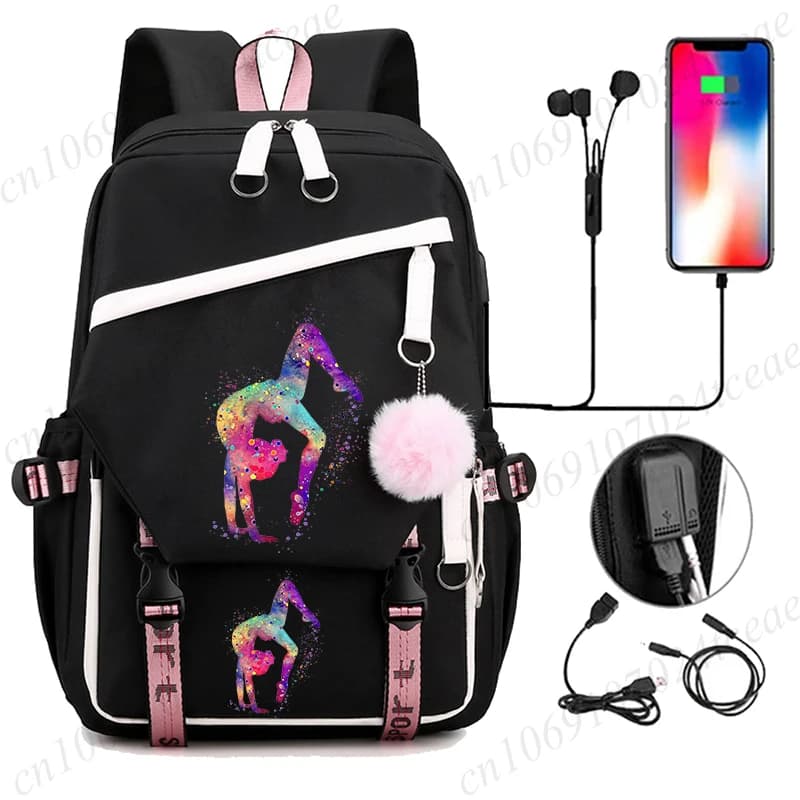 Zaini con stampa per ginnastica ad acquerello Zaino per scuola USB grande per ragazze Studenti adolescenti Bookbag Zaino per ginnastica ad acquerello