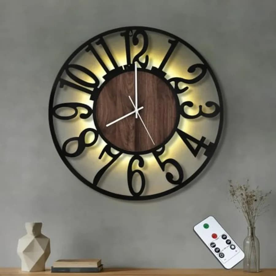 Orologio da parete silenzioso da 20'' con luce notturna regolabile, orologio da parete decorativo che si illumina al buio, funzionamento a batteria, in metallo rustico moderno