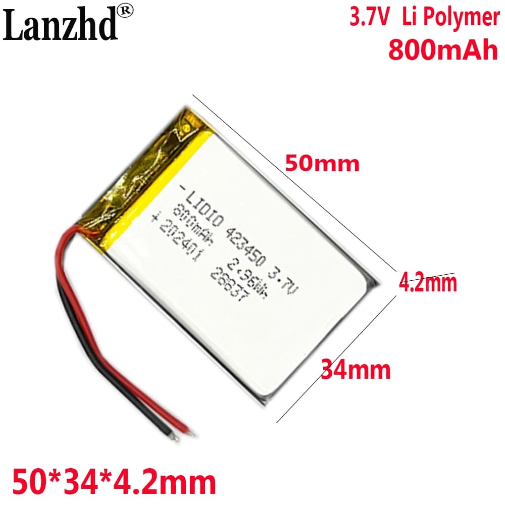 3.7V Li batteria ai polimeri di litio 3.7V 800mAh per navigatore registratore di guida altoparlante Bluetooth monitoraggio della pressione dei pneumatici 423450