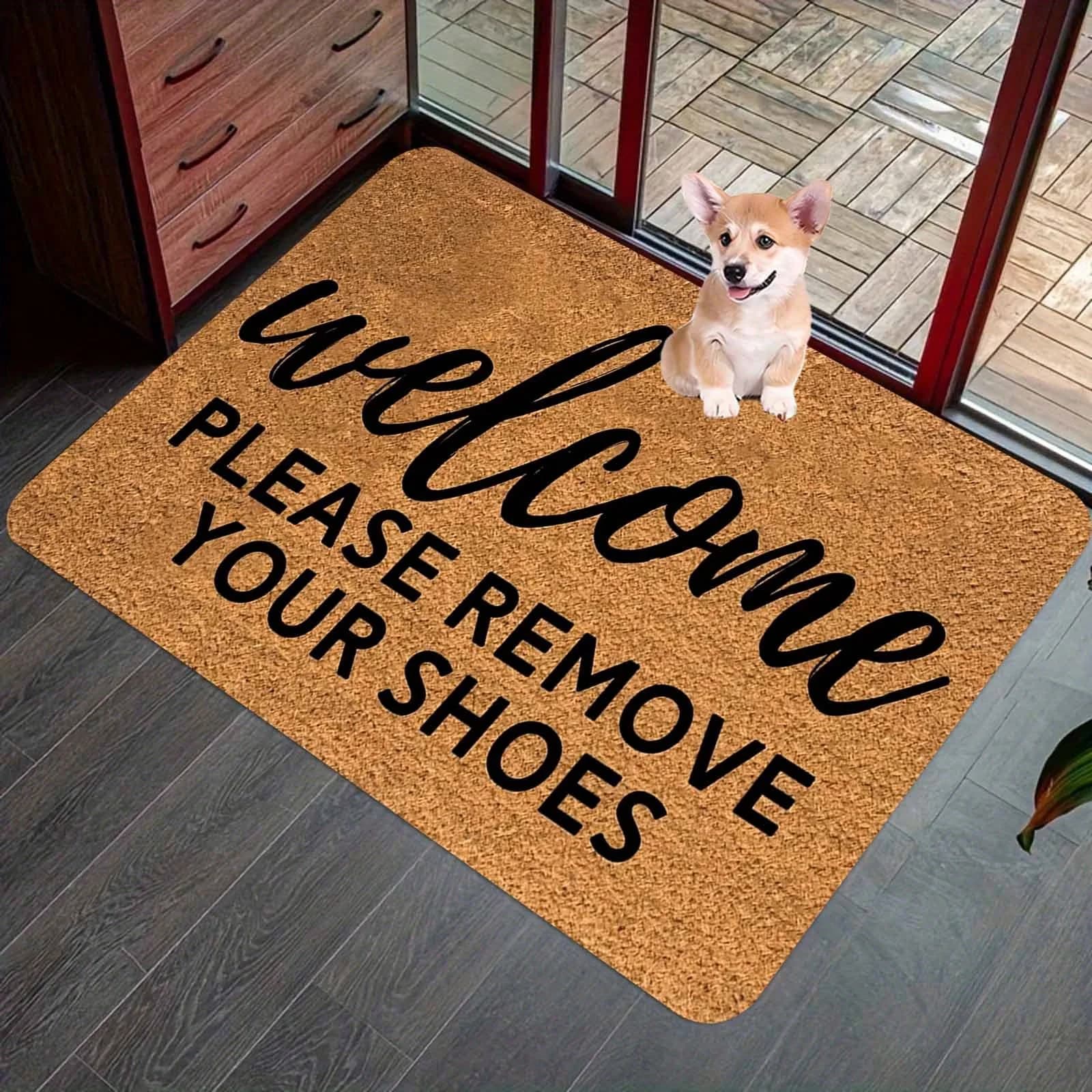 "Welcome Please Remove Shoes" Flannel Doormat - Machine Washable Polyester for Entryway, Kitchen, Balcony Indoor Decor Mat