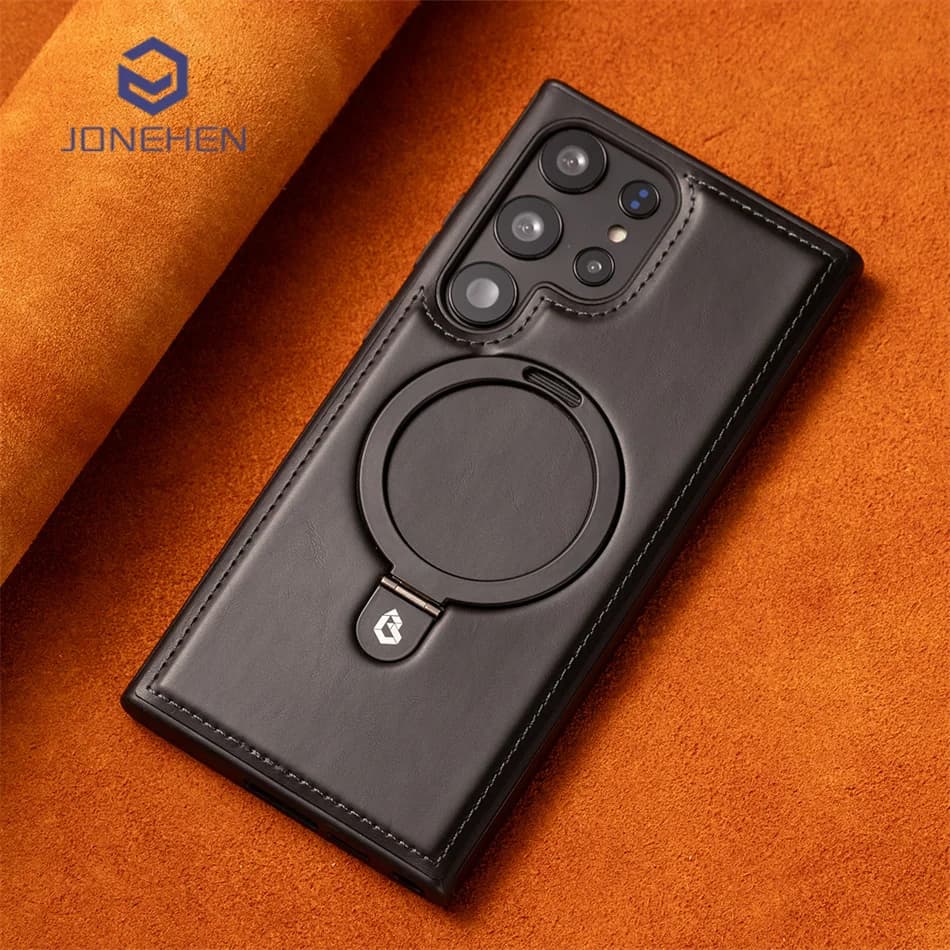 Magnetic leather case with support ring for MagSafe for Samsung Galaxy S22 Plus S24 S23 S25 S26 Ultra 26U, shockproof retro cover