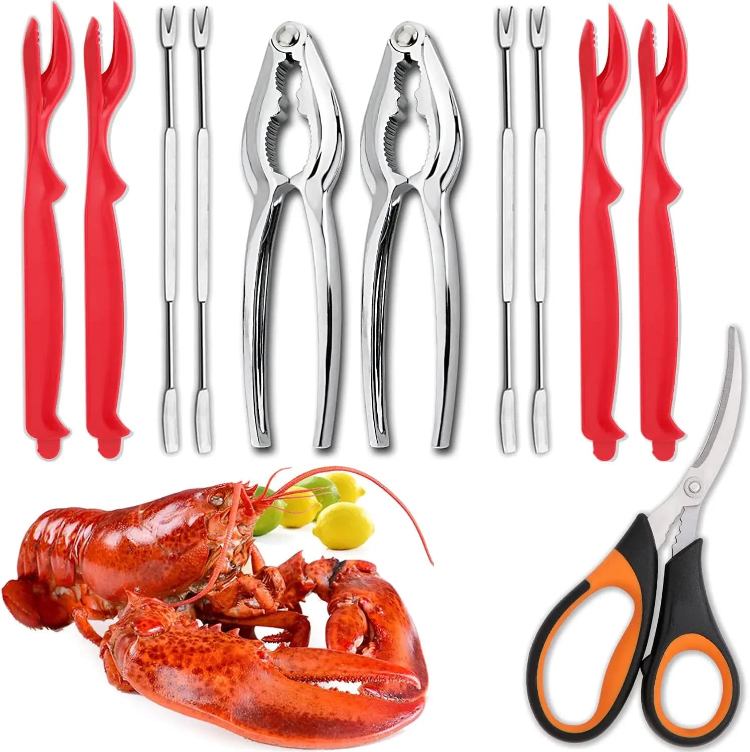 Set di Utensili per Frutti di Mare per 4 Persone con 2 Schiaccia Granchi, 4 Sgusciatori per Aragoste, 4 Forchette, 1 Forbice