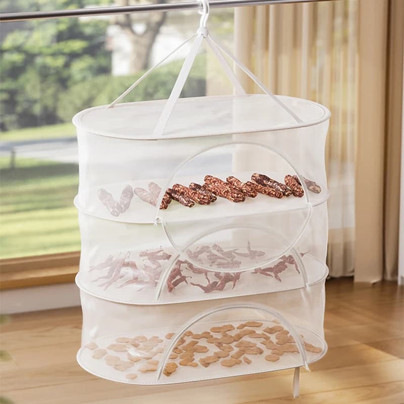 3-Tier Foldable Drying Mesh Basket with Zipper Breathable Mesh Dryer for Dried Vegetables Fish Fruits Balcony Laundry Drying Net