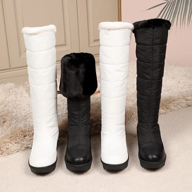 Winter Snow Boots Light Thick Heel Lace Plus Size Knee High Waterproof Shoes Warm Casual Daily Booties Black