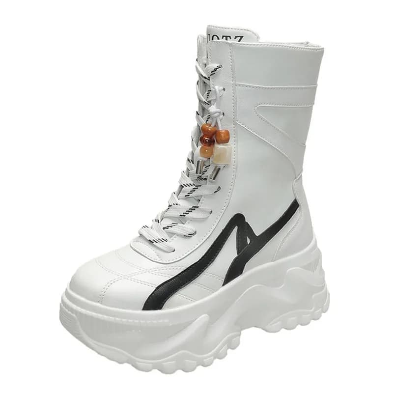 8CM Women Chunky Mid-Calf Boots New 2026 Autumn Winter Beading Lace-up Zip Shoes High Platform Motorcycle Boots Leather Sneakers