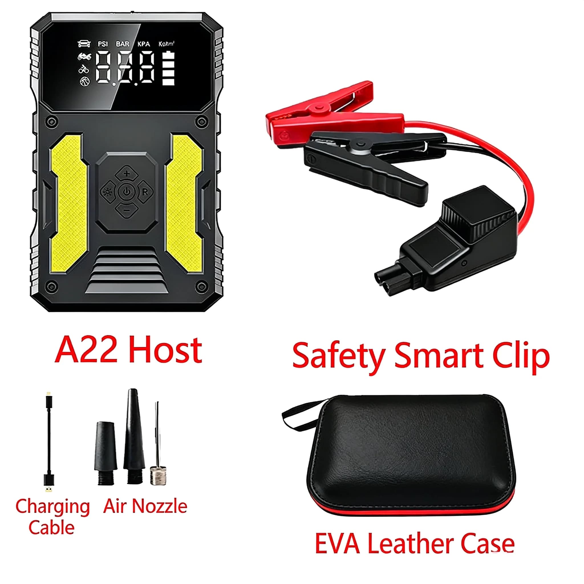 Nuovo Compressore d'Aria Portatile 12V 37000mAh con Gonfiatore Pneumatici in ABS, Manometro Digitale, Morsetto Intelligente per Pneumatici Auto e Avviatore d'Emergenza Tutto-in-Uno