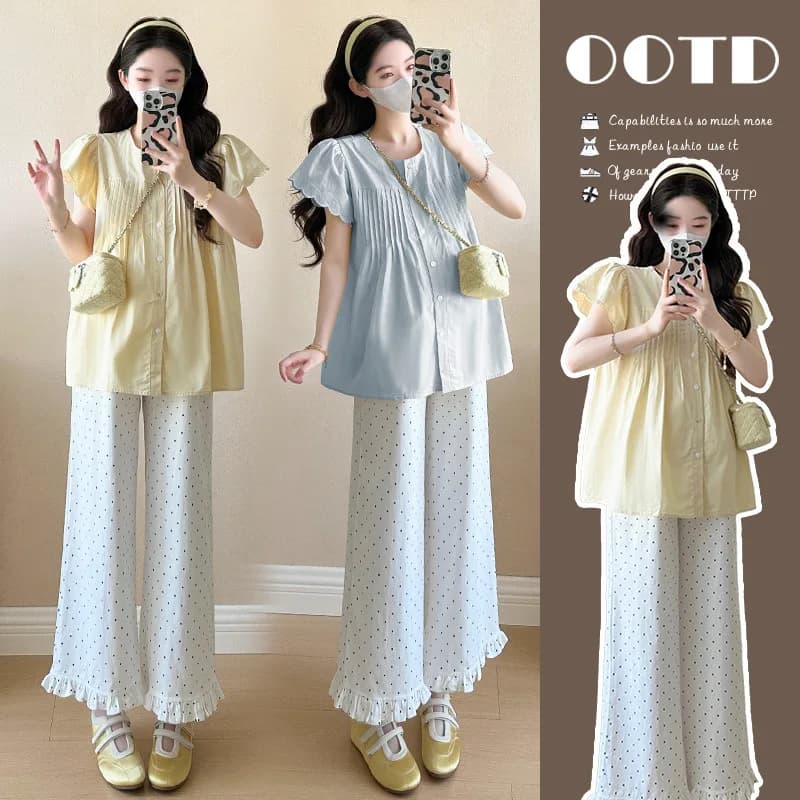 Completo premaman estivo, dolce e grazioso, traspirante, con blusa a maniche a volant e pantaloni a gamba larga a pois, set due pezzi per donne in gravidanza
