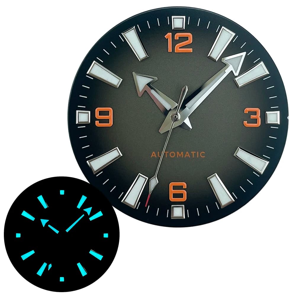 Quadrante Orologio 33mm Senza Logo Nero Gradiente Arancione con Lancette Luminose BGW9 Compatibile con Movimento NH38 NH35 per Orologi da Uomo Stile Planetario