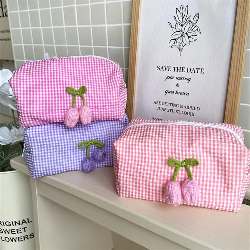 Plaid Flower Makeup Bag Large Capacity Checkered Multifunctional cosmetic Storage Pouch Student Pencil Case Travel Organizer Bag
