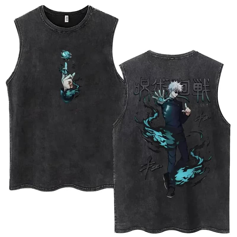 T-shirt Senza Maniche in Cotone Stile Vintage Anime Jujutsu Kaisen Satoru Gojo per Uomo e Donna, Maglietta Classica Manga alla Moda