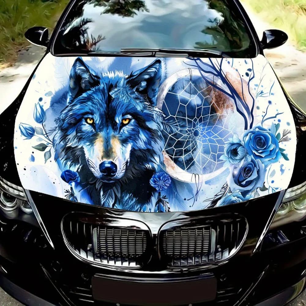 Wolf Dreamcatcher Net Blooming Blue Roses Car Hood Vinyl Wraps Sticker, Car Engine Decal, Waterproof Self-adhesive Car Packaging