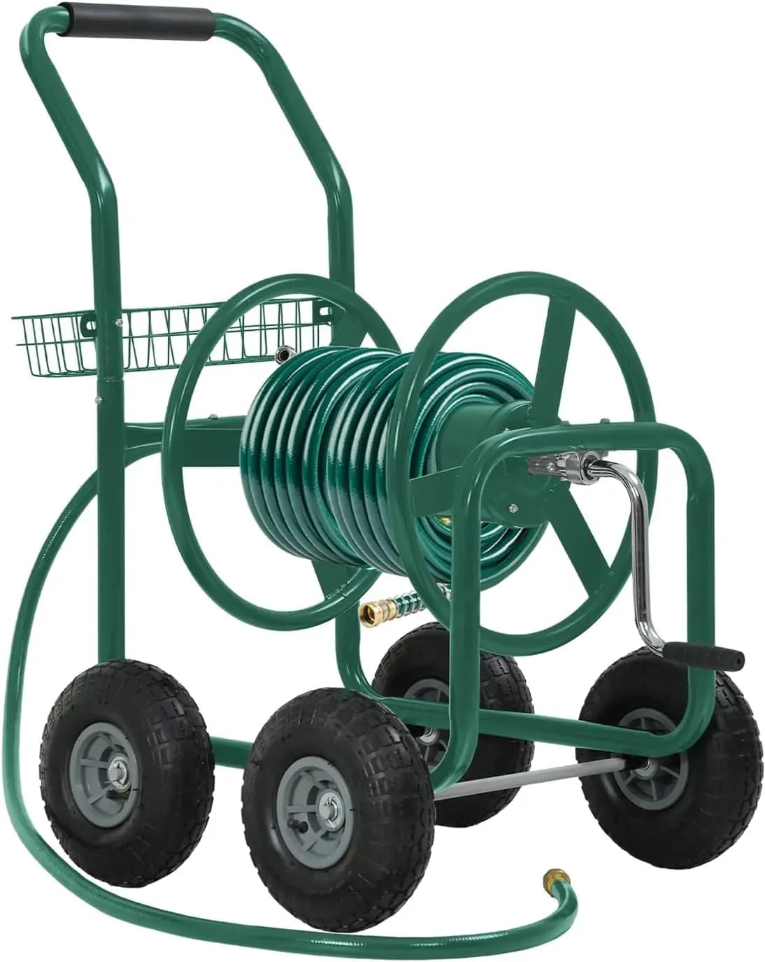Heavy Duty Garden Hose Reel Cart with 4 Wheels and Storage Basket, Holds Up to 300 ft of 5/8" Hose, Powder-Coated Steel Construction, for Garden, Yard and Lawn Care