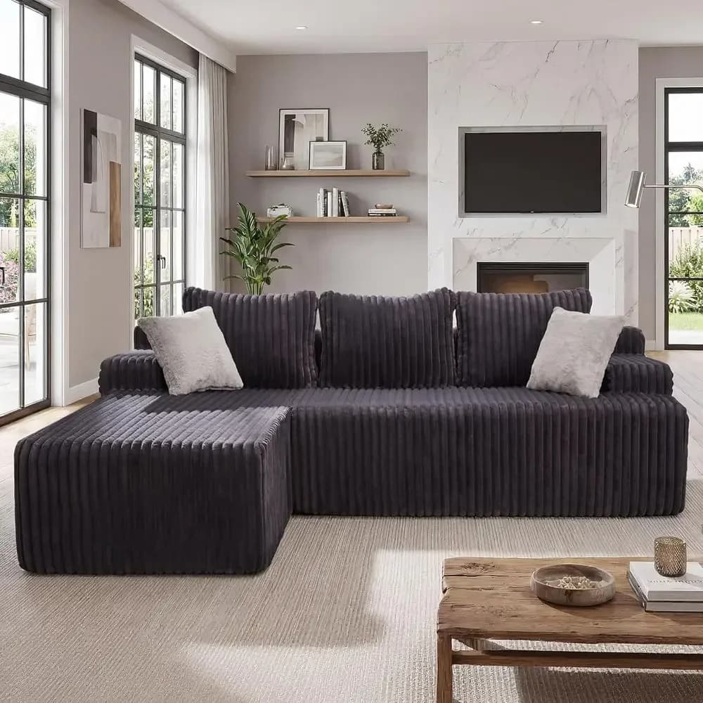 Divano a L con memory foam, convertibile a 3 posti, chaise longue oversize, rivestimento grigio lavabile, lunghezza 98 cm, orientamento a sinistra