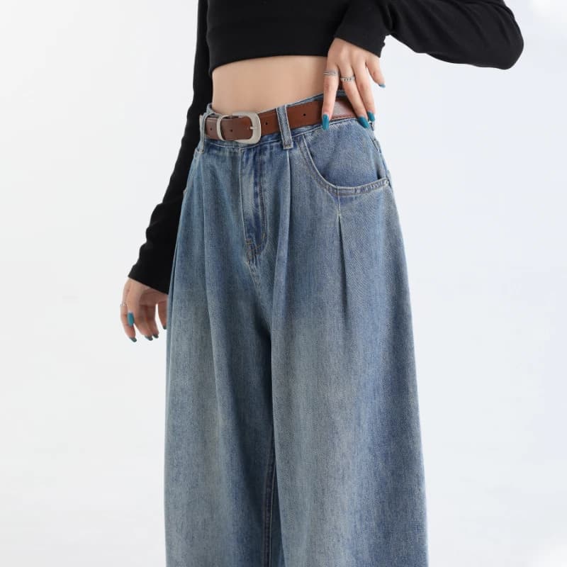 American Style High Waist Wide Leg Jeans Women Loose Fitting Pleated Design High End Straight Cut Floor Length Pants