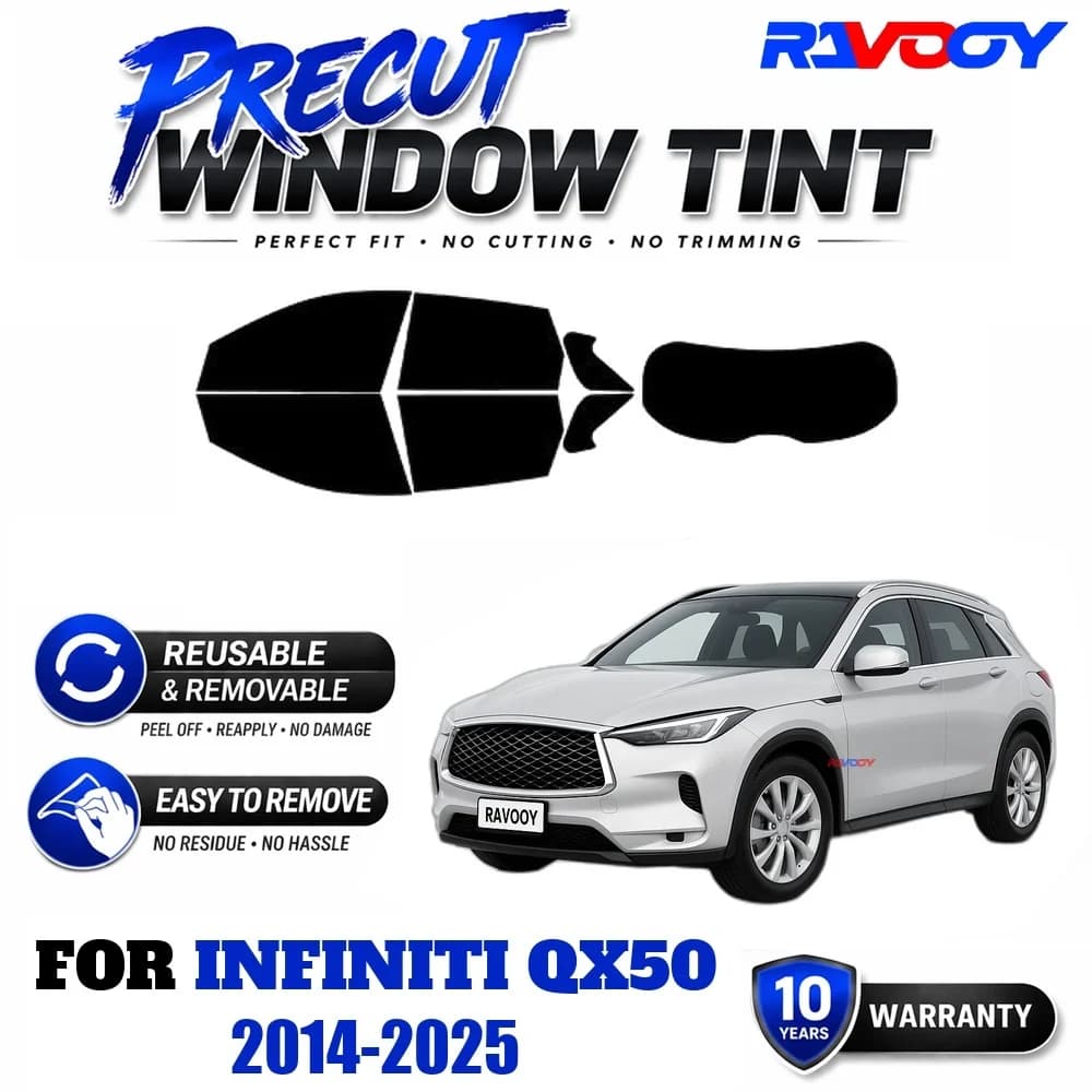 RAVOOY Precut Window Tint, Reusable Removable EPU Film, Custom Fit for Infiniti QX50 2014-2025, UV Heat Protection