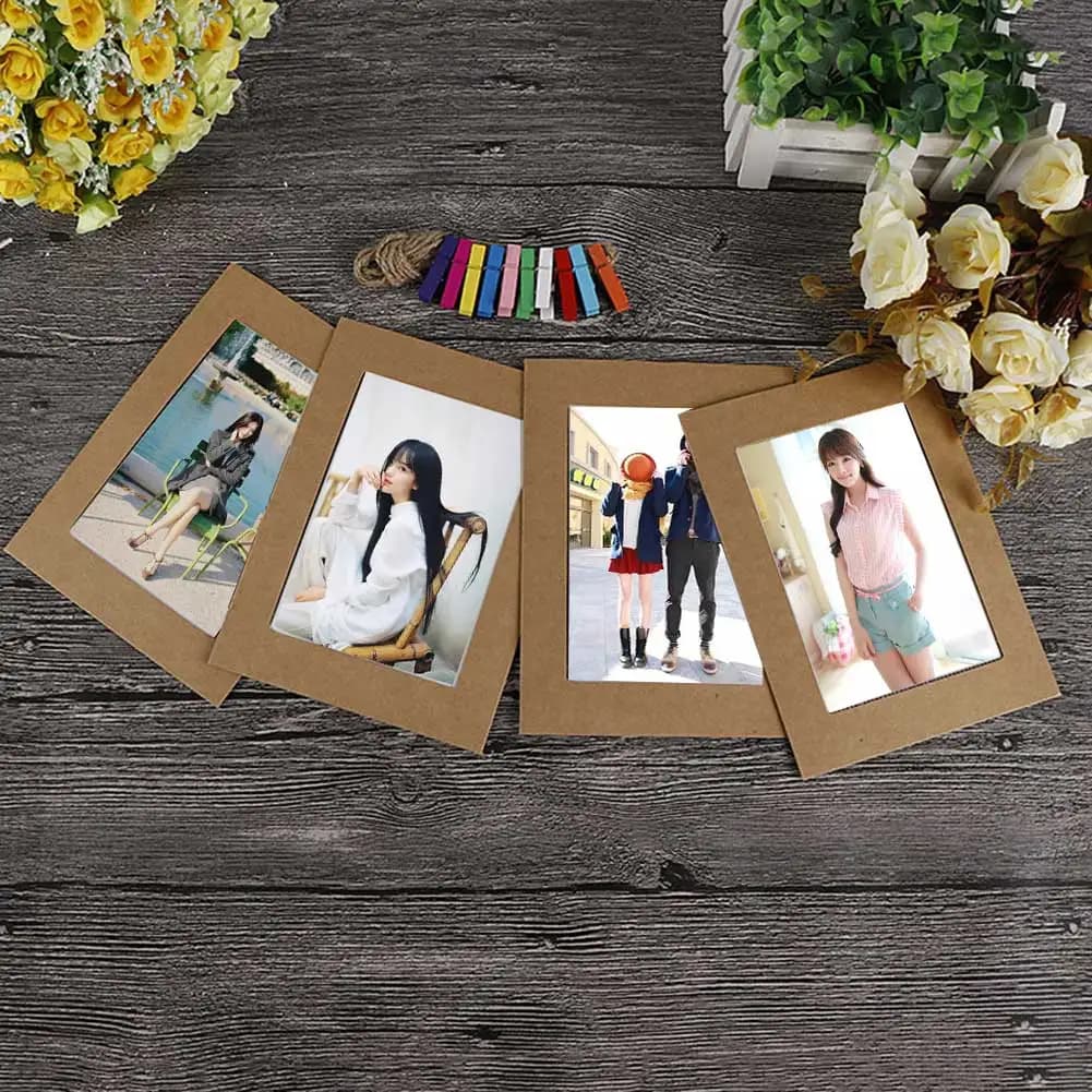 3-7 inch kraft paper photo frame album, 10 pieces with 2 m string and wooden clip for 3x5 4x6 5x7 images