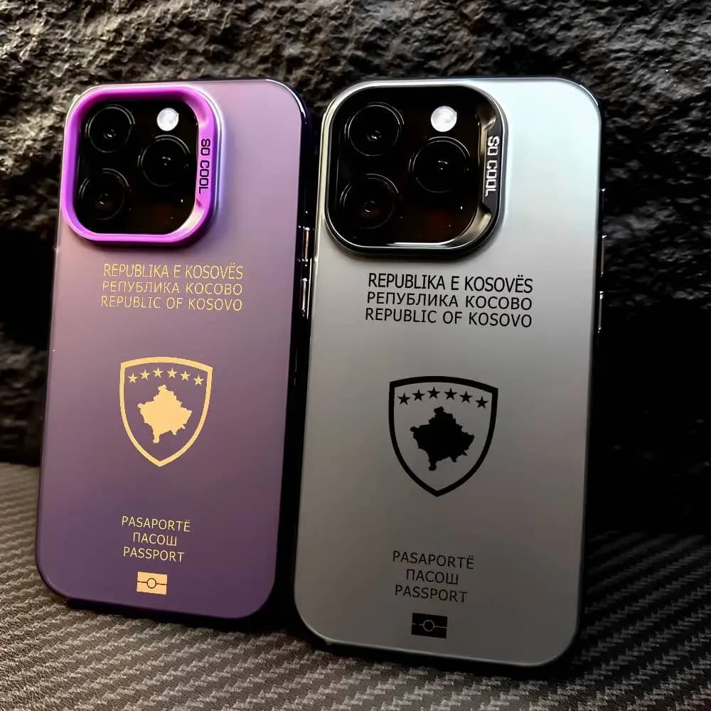 Custodia per telefono passaporto del Kosovo per IPhone 16 15 14 13 12 11 Pro Max Dispositivo mobile elettrolitico con pulsante speciale in metallo argento