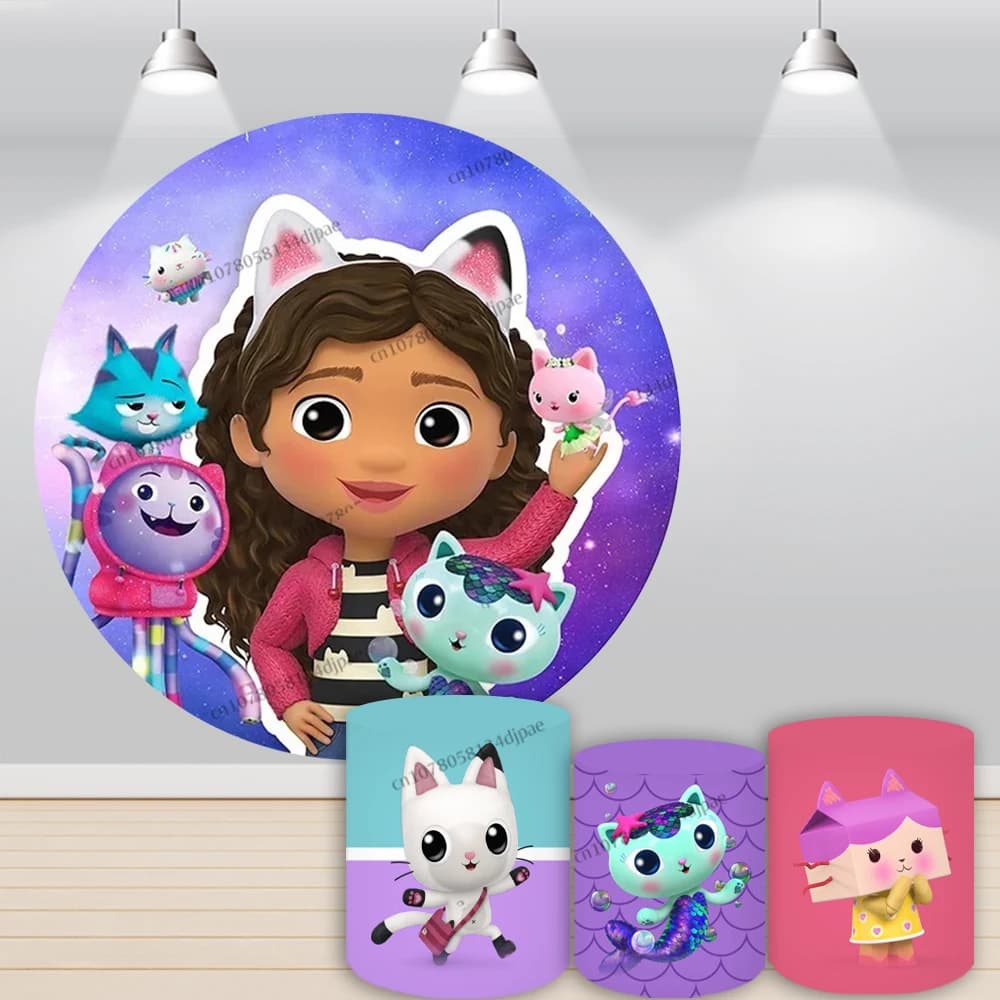 Coperchio del fondo del cilindro della casa delle bambole di Gabby Kids Girls Birthday Party Round Background Photography Cute Cats Banner Decorations