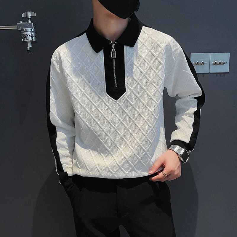 Autumn Winter Zipper Long Sleeve Men Polo Sweatshirts Argyle Plaid Fashion Spliced Hit Color Business Casual Oversized Pullovers