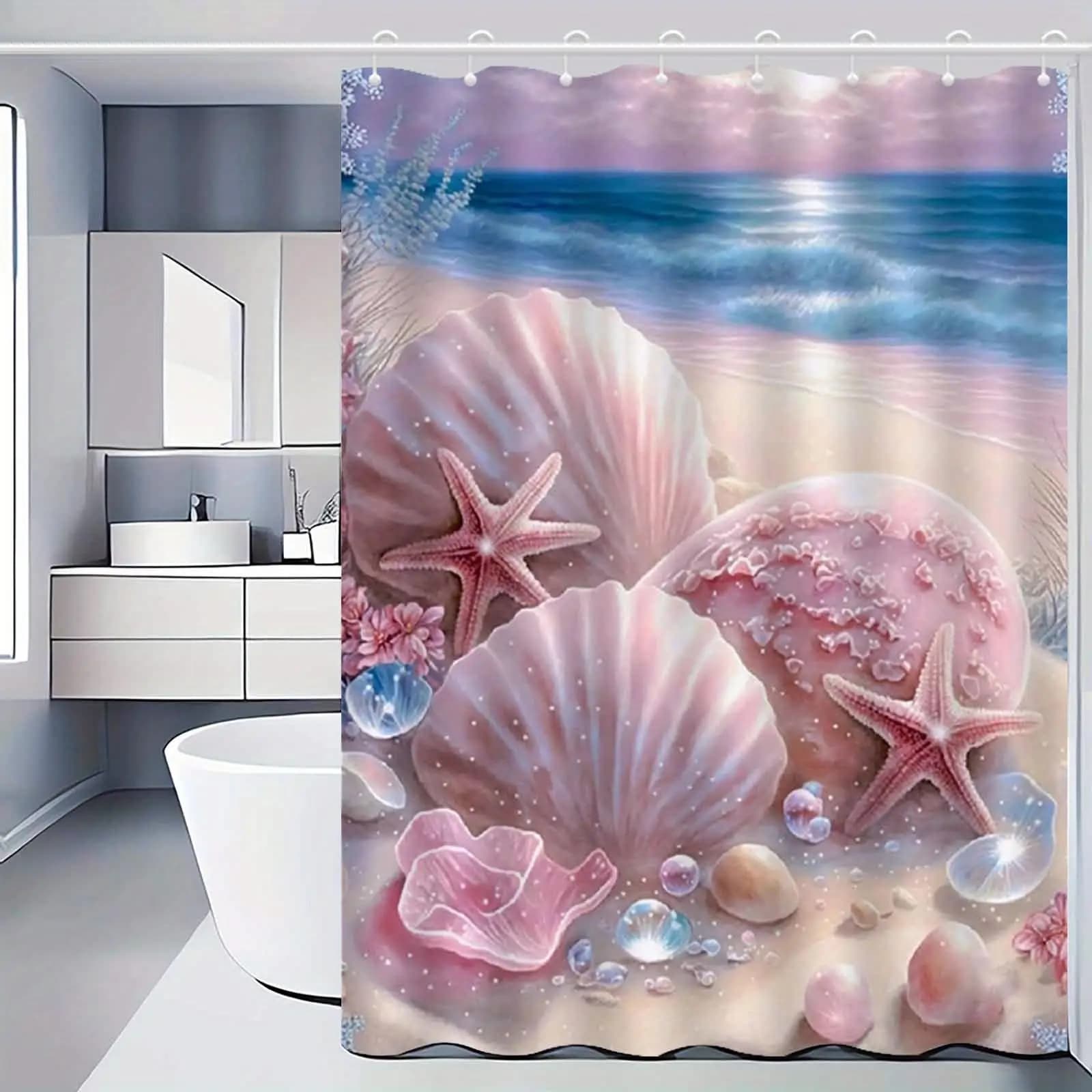 Aesthetic Pink Seashell Ocean Shower Curtain Waterproof Bathroom Decor Beach Tropical Mermaid Luxury Curtain Liner