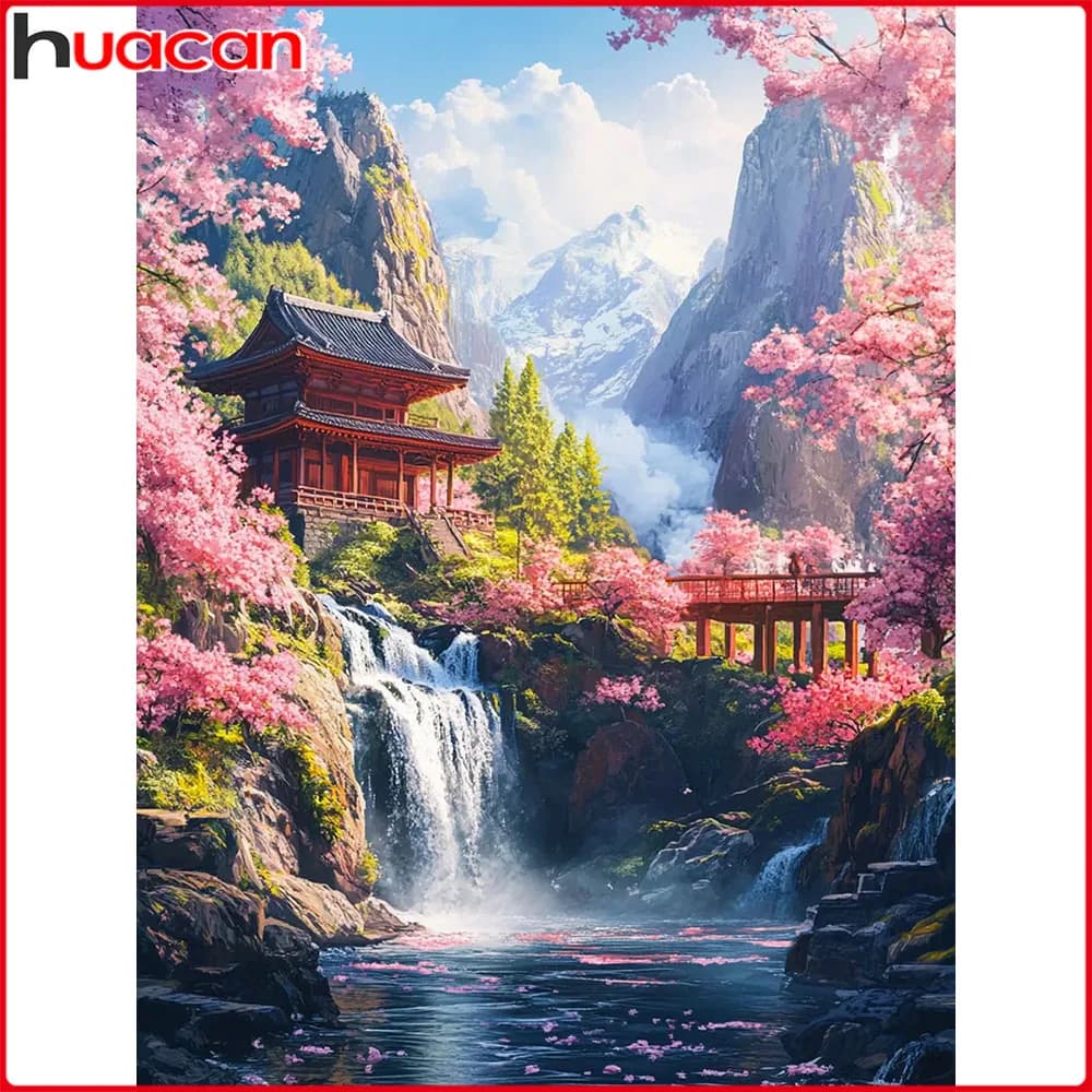 Huacan Nuovi Arrivi 2025 Pittura Diamante Cascata Montagna Edificio Diamante Mosaico Paesaggio Kit Completo Kit Artigianale