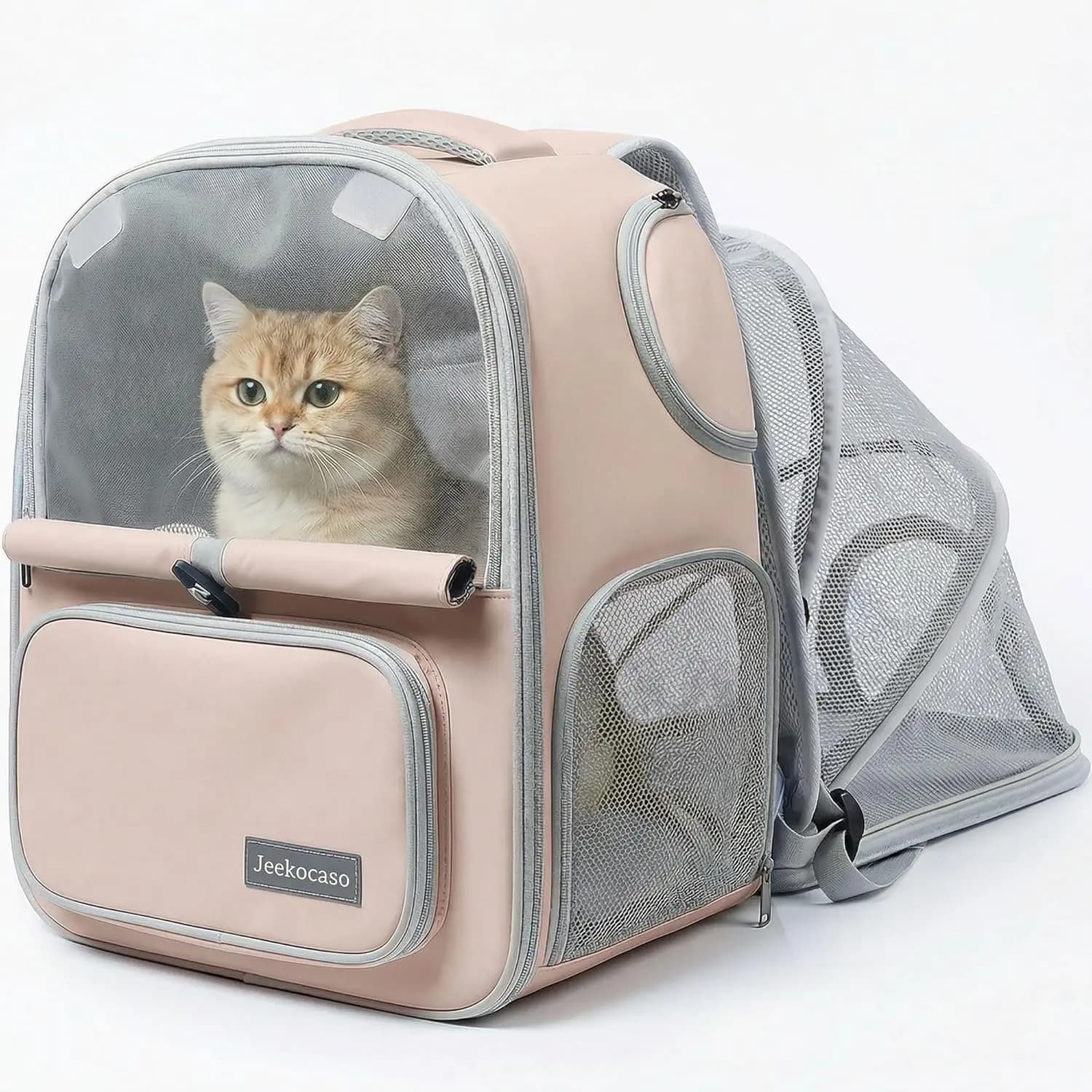 Zaino Trasportino Espandibile per Gatti, con Rete Traspirante, Cerniere Bloccabili, Tende Ombreggianti e Ingressi Multipli, Zaino per Gatti