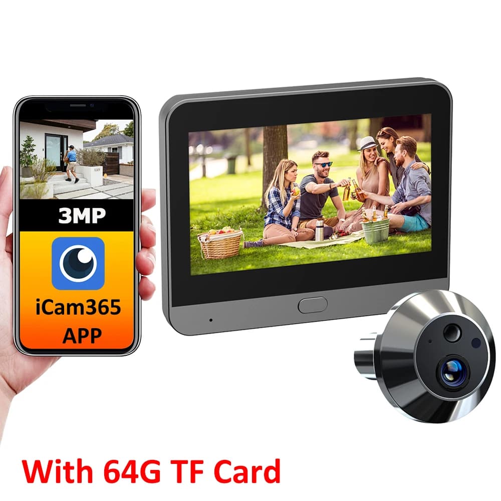 Con scheda TF 64G iCam365 APP 3MP FHD 2.4G WiFi Batteria Spioncino Porta Foro oculare Visualizzatore digitale magico Telecamera di sicurezza per appartamento