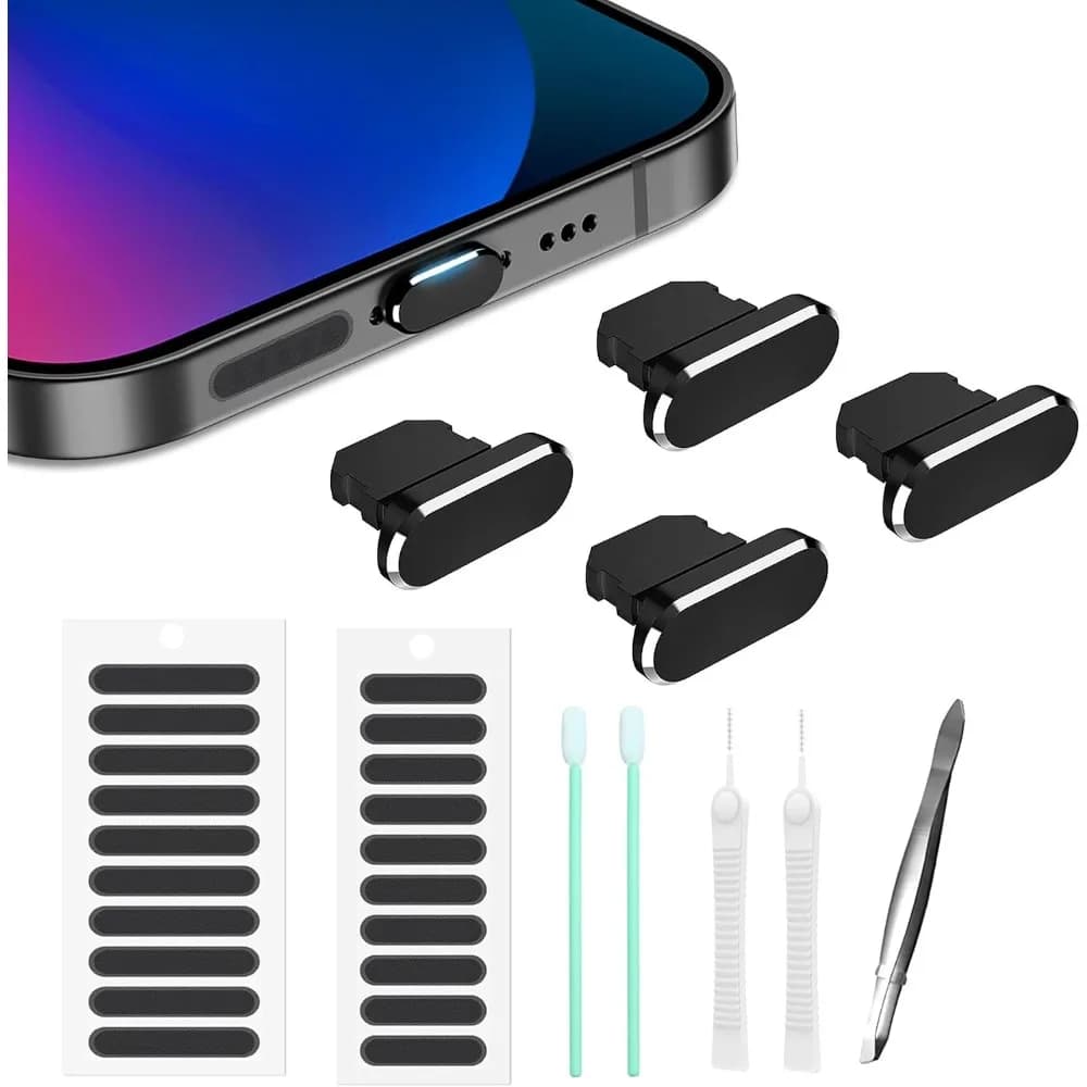 Lightning Port Dust Plug and Speaker Cover Set for iPhone and AirPods Anti Dust Waterproof Charging Port Protector Cover with Easy Install Removal Design Premium Durable Silicone Case Accessories Black