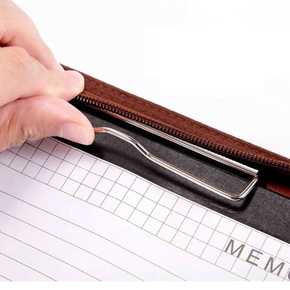 Cartella portadocumenti A4 portatile in pelle PU Borsa con cerniera Porta carte Inserto per penna Valigetta da lavoro Chiusura con cerniera Blocco note Clip per conferenze