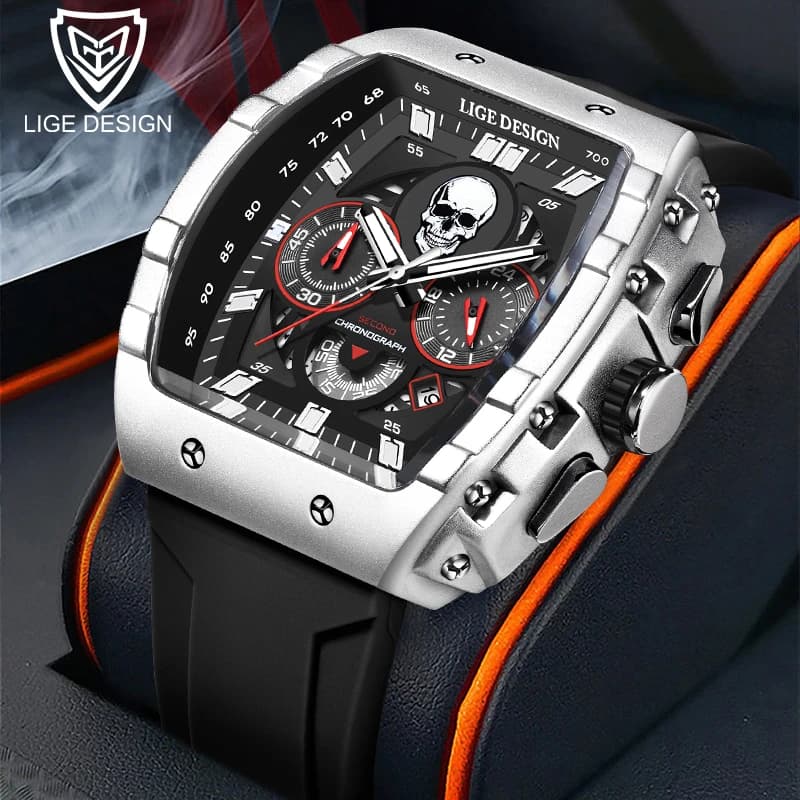 LIGE Brand Mens Watch Skeleton Skull Dial sports military watches fashion men Luxury quartz watch waterproof chronograph Relogio