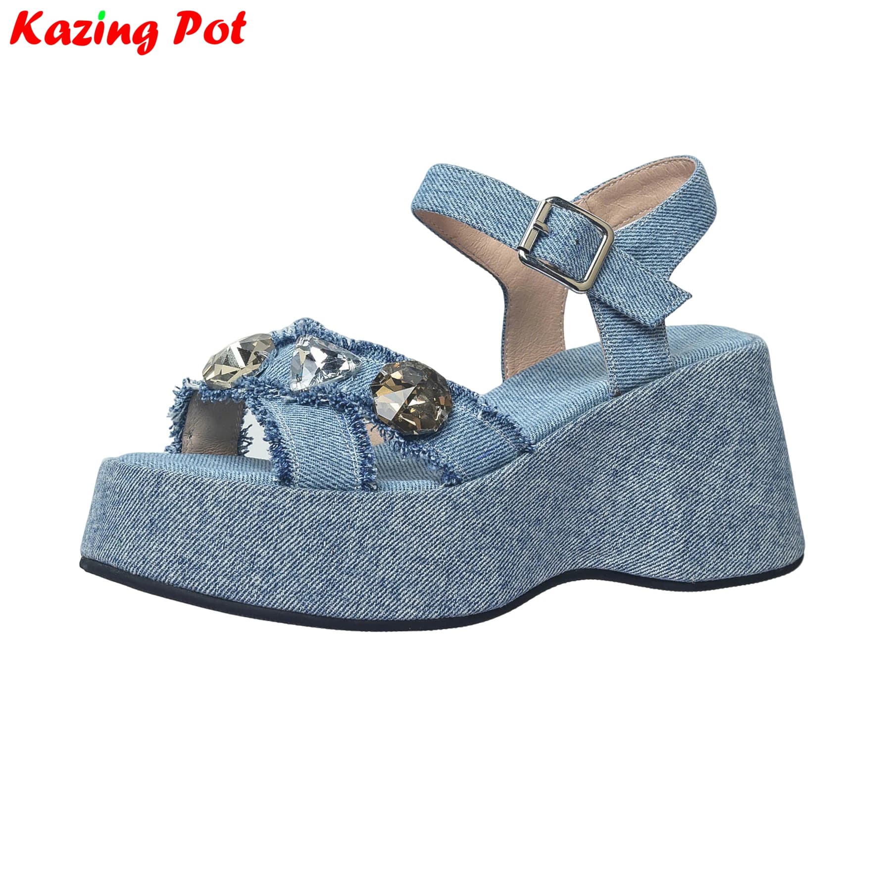 Sandali Donna Krazing Pot in Denim con Plateau e Tacco Alto, Peep Toe, Slingback, Lusso e Comfort, con Strass, Stile Casual Estivo