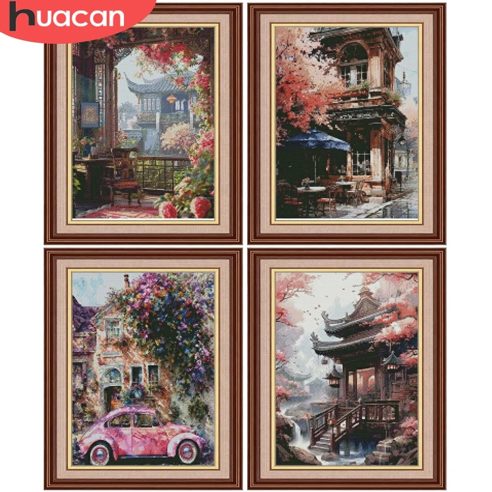 Kit Ricamo Punto Croce HUACAN Paesaggio Urbano con Fiori di Ciliegio 11CT, Fili per Ricamo, Lavori Artigianali