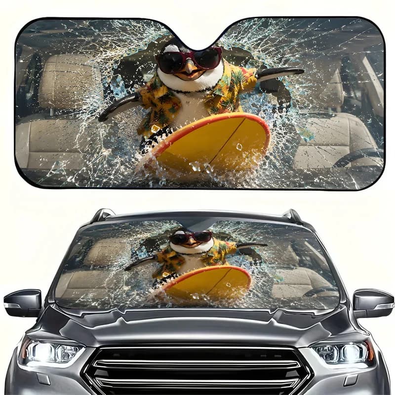 1Pcs Playful Penguin Surf Design Car Windshield Sun Shade, Playful Design, With 4 Free Suction Cups