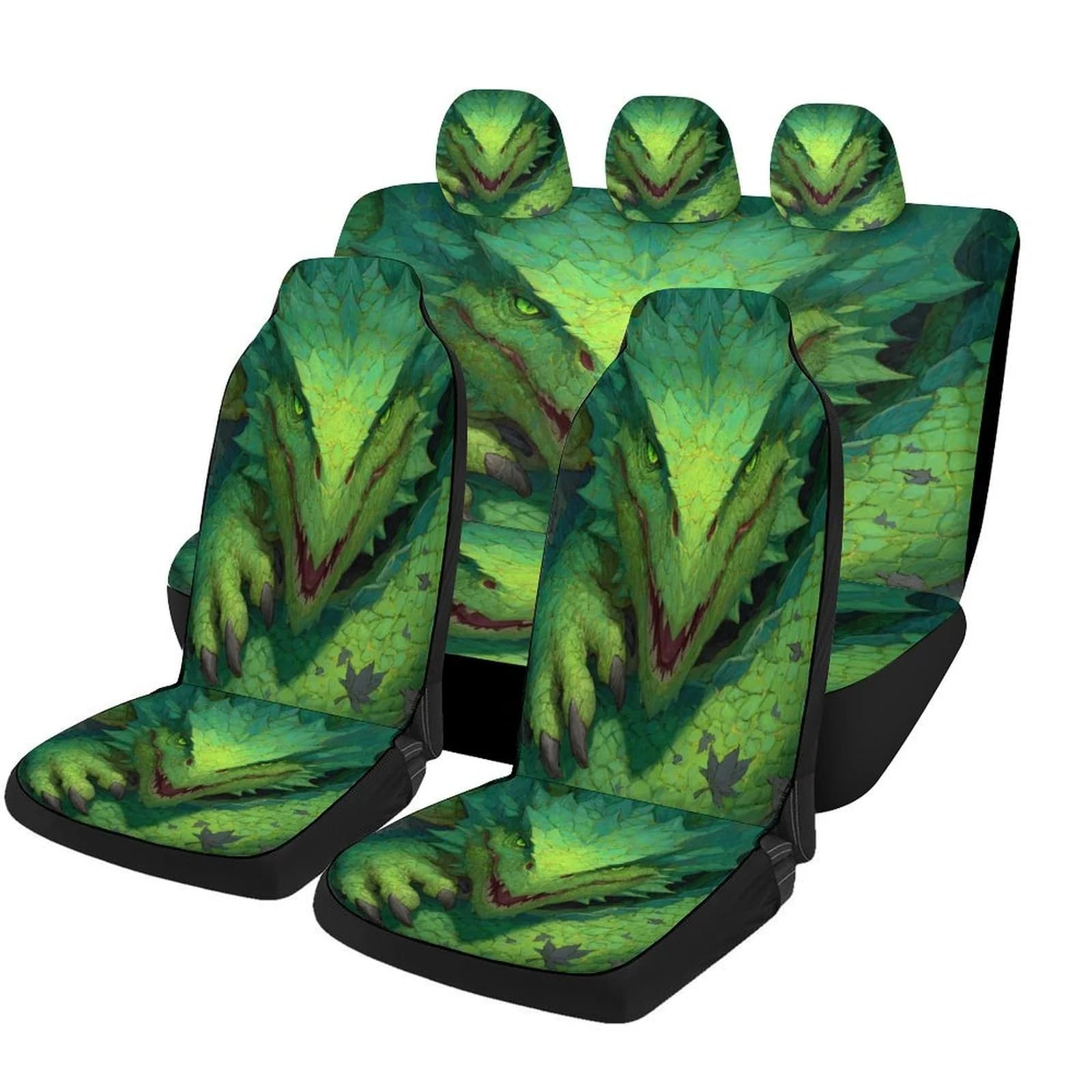 Green Dragon Portrait Themed Car Seat Cover Set For Most Cars, Fashionable Novelty Car Seat Protector Covers Full Set, Car Seat