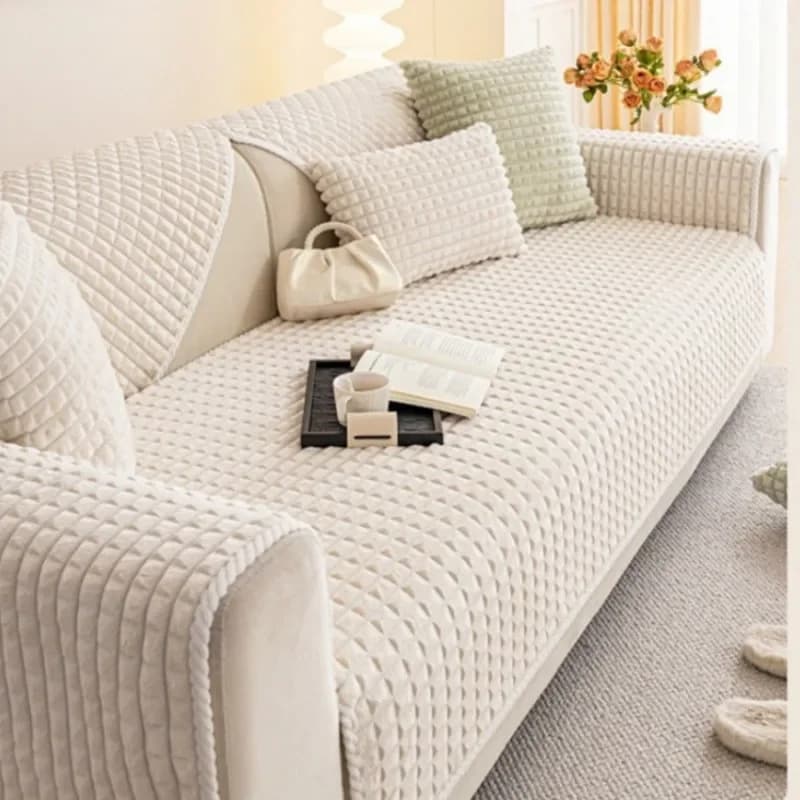 Cushion grill for sofa in short cream style plush, solid color, warm and non-slip, protective fabric for back, armrest of the living room