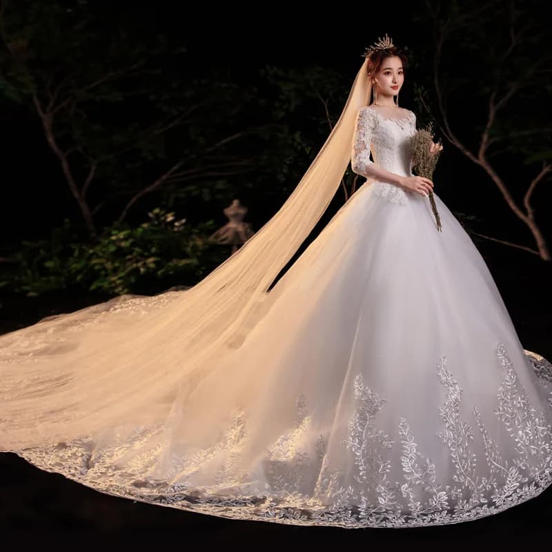 Long Sleeve O-neck Wedding Dress Luxury Sexy Super fairy temperamentBall Gown Bride Dress Yarn Starry Sky Skirt Long Tail