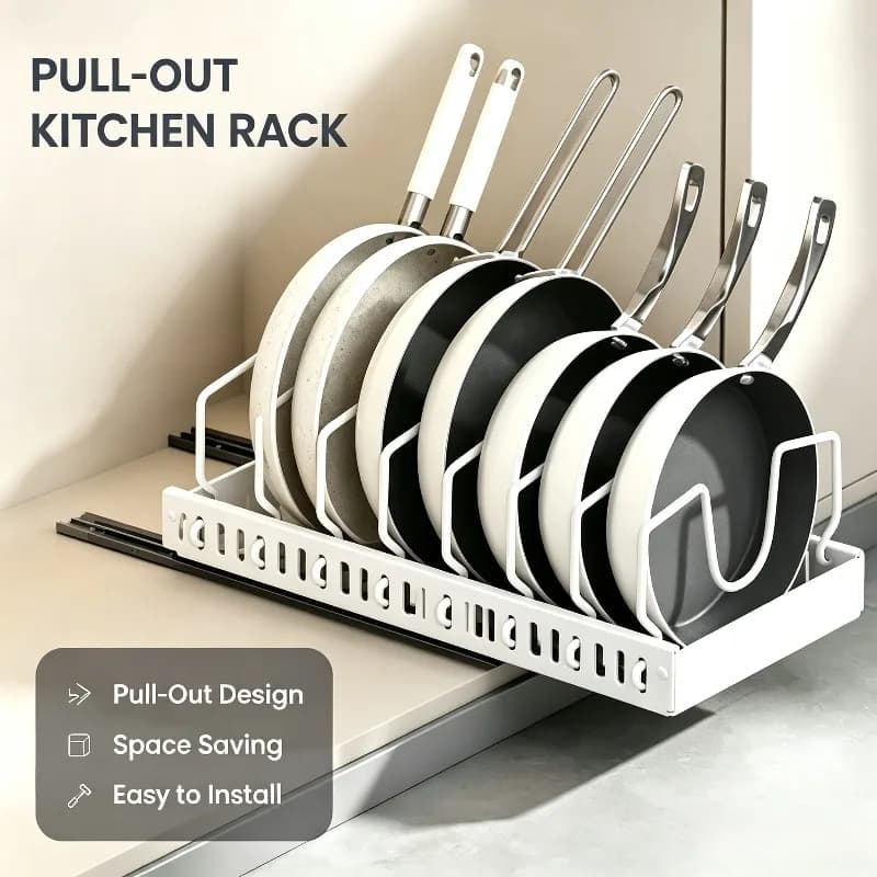 Pull Out Sliding Pan Organizer No Drill Kitchen Storage Rack Holder For Cookware Frying Pan Pot Lid Plate Cabinet Organizer