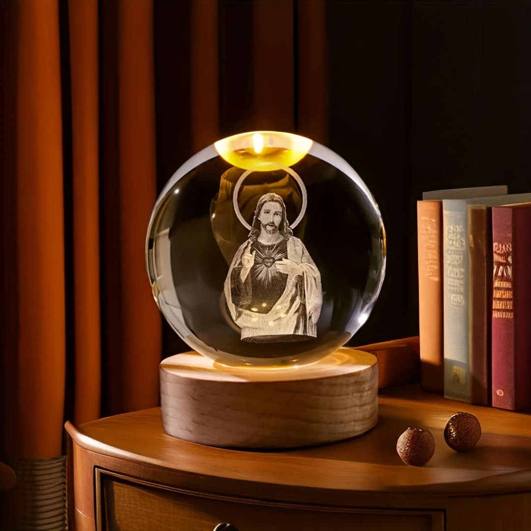 1pc 3D Padre Gesù Sfera di cristallo, luce notturna con sfera di vetro alimentata tramite USB, adatta per la decorazione del soggiorno della camera da letto, matrimonio, Chri