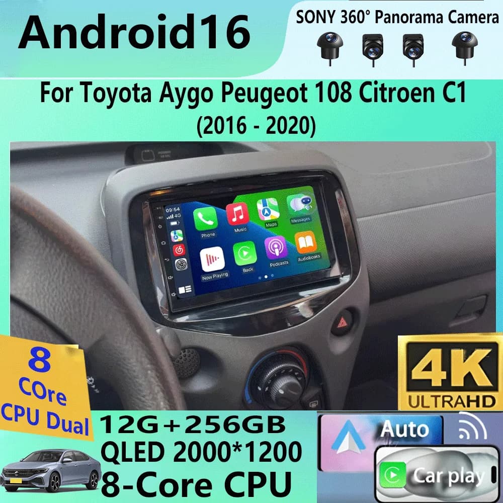 Autoradio Android 16 per Toyota Aygo Peugeot 108 Citroen C1 2016 2017 2018 - 2020 Carplay Lettore Multimediale Auto con Navigazione GPS