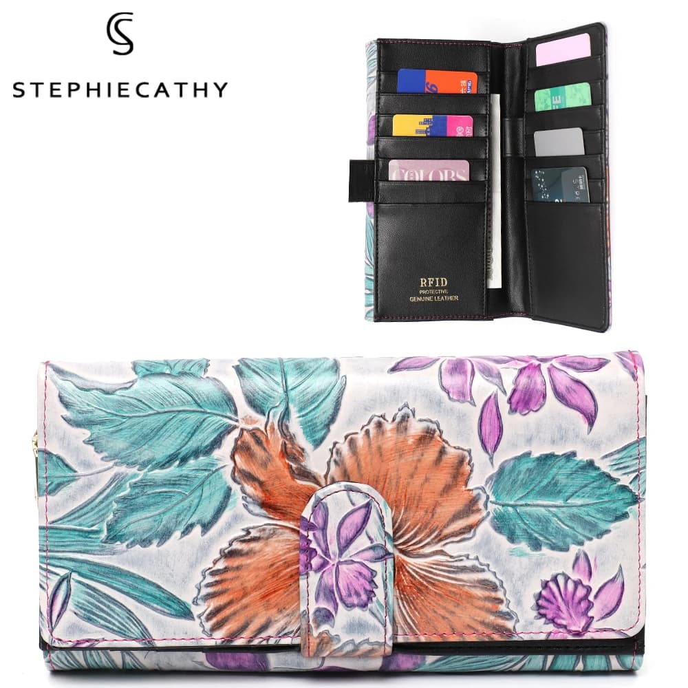 Portafoglio da donna in vera pelle con blocco RFID Porta carte multiplo Portamonete Elegante pochette con motivo floreale Portafoglio lungo funzionale