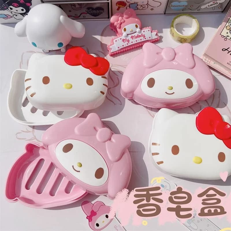 Nuova Scatola Portasapone Kawaii Sanrio, Carino Portasapone Hello Kitty Melody con Coperchio e Drenaggio per Bagno e Lavanderia