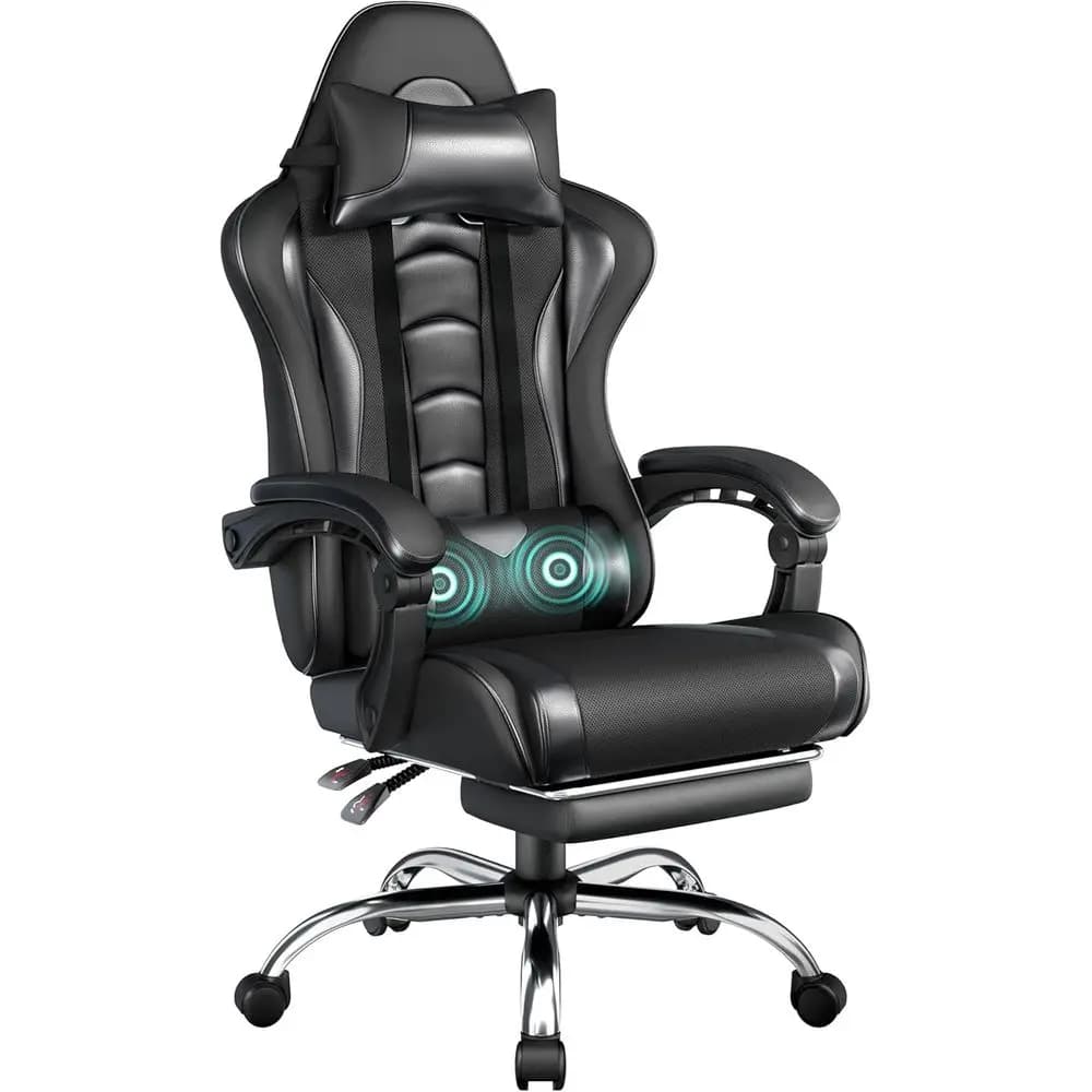 Sedia da Gaming Ergonomica con Massaggio, Supporto Lombare, Altezza Regolabile, Sedile Girevole e Poggiapiedi in Nero