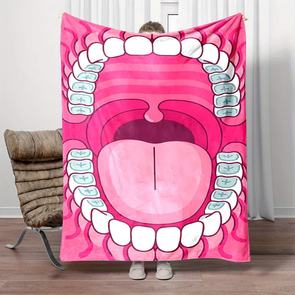 Coperta stampata in flanella con motivo a bocca di cartone animato adatta a tutte le stagioni adatta per divano da ufficio e viaggi 180x250 cm