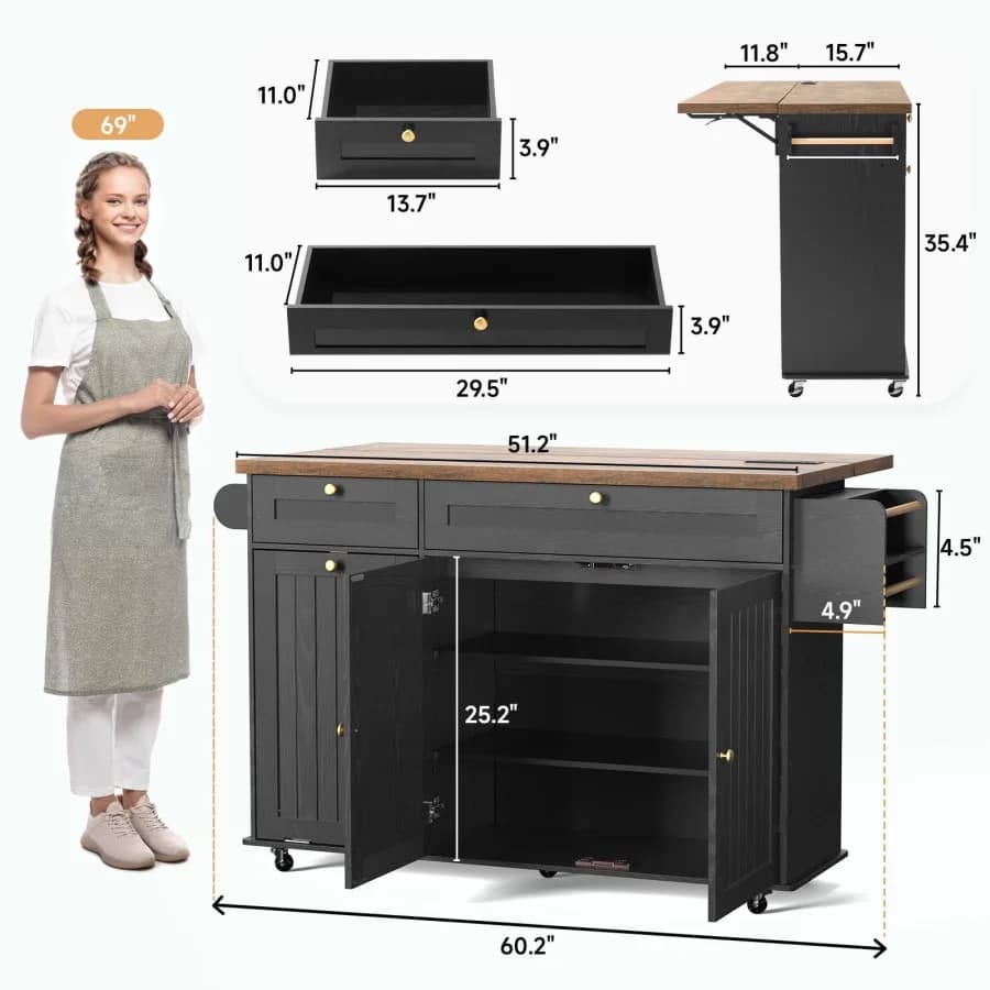 Isola da Cucina con Presa di Corrente e Ripiano Ribaltabile, Isola da Cucina Mobile con Porta Spezie e Porta Asciugamani, Porta Coltelli