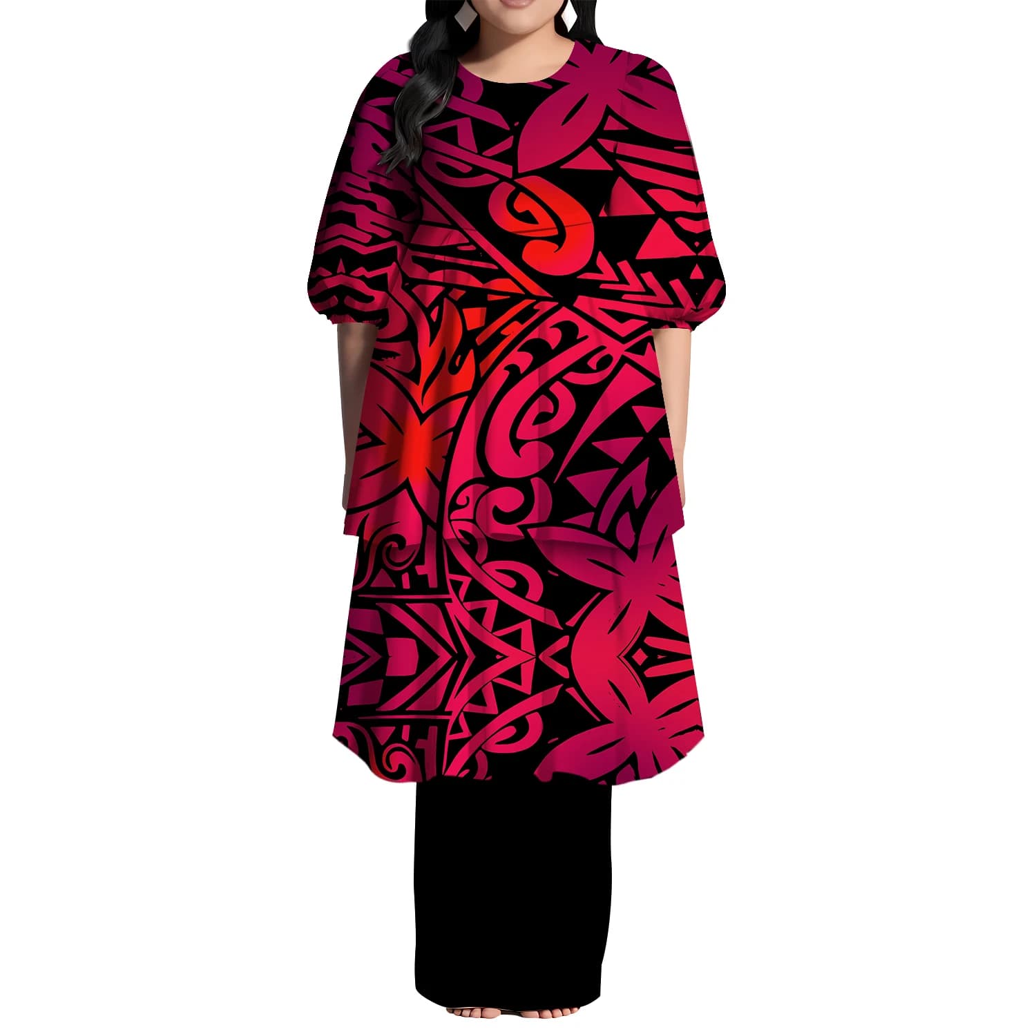 Nuovo arrivo blu Puletasi volant abito lungo personalizzato stile Hawaii design abito a maniche corte abito tribale polinesiano da donna 2 pezzi